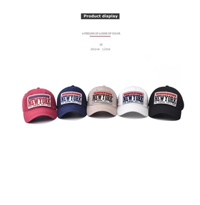 Detailed view of cotton New York embroidery baseball caps in five classic colors