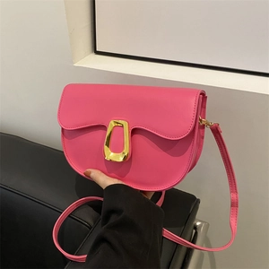 Pink PU leather crescent saddle bag for women with golden D-ring buckle and shoulder strap