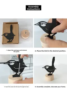 Step-by-step assembly of black metal bird silhouette with a round wooden base