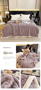 Detail of grey diamond-carved fleece blanket with thick white sherpa lining