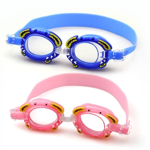 Cartoon crab kids swimming goggles with anti-fog lenses in blue and pink colors