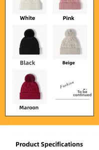 Detail of cable knit winter hats with faux fur pom-poms in white pink black beige and red