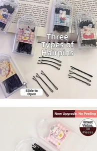 Set of 30 black bobby pins in a slider box featuring smooth and wavy hair clip designs