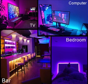 5050 RGB LED strip lights illuminating TV, computer desk, bar, and bedroom scenes