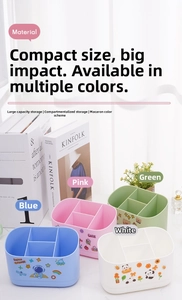 Detail of four-compartment desktop organizer in pastel colors with cartoon stickers