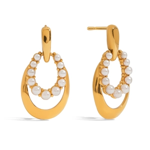 Elegant 18K gold-plated stainless steel door knocker earrings with white faux pearls