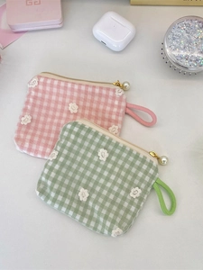 Petit Porte Monnaie En Toile À Carreaux Broderie Florale Et Maille Avec Fermeture Éclair Künstliche Perle Et Dragonne