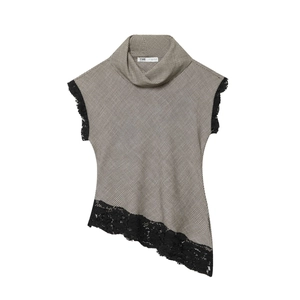 Women Houndstooth Stand Collar Sleeveless Top Lace Trim Asymmetric Hem Elegant Streetwear Polyester Casual Blouse