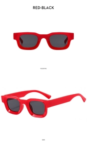 Red rectangle frame sunglasses with dark lenses shown in front and side view angles
