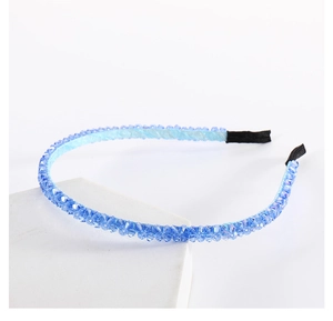 Detail of blue crystal beaded double-row headband with soft black fabric end tips