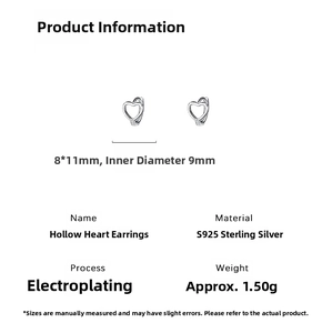Detailed specifications of S925 sterling silver hollow heart earrings with 8x11mm dimensions