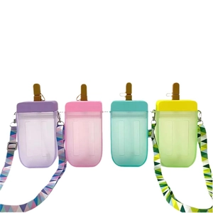 Creative popsicle-shaped plastic water bottles for kids with colorful carrying straps