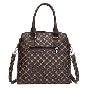 Classic monogram women's tote bag in dark brown leather with adjustable shoulder strap