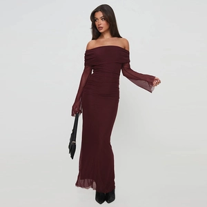 Off Shoulder Ruched Mesh Maxi Dress Long Sleeve Slim Fit Elegant Bodycon Sexy Party Evening Clubwear For Women