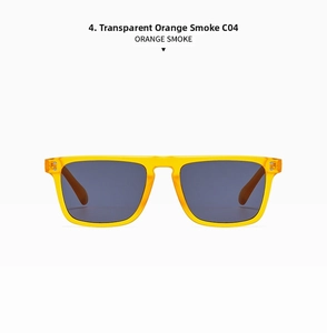 Close-up of square sunglasses with transparent orange frames and smoke grey lenses