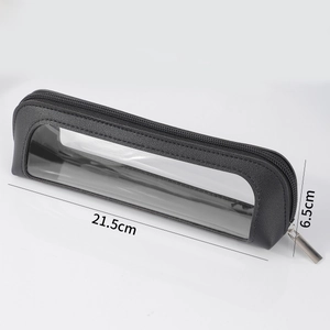 Portable black PU travel pouch with large transparent window and zipper, 21.5x6.5cm