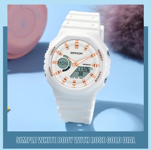Detail of white digital watch with rose gold dial and dual display by SANDA