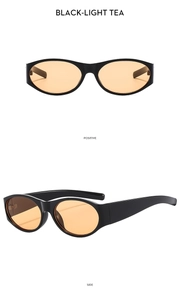 Detail view of oval sunglasses with thick black plastic frame and light tea lenses