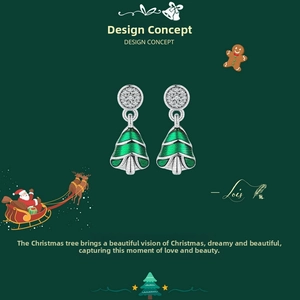 Detail of Christmas tree stud earrings in S925 sterling silver with green enamel and zircons