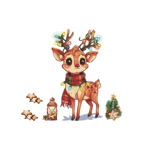 Christmas wall decal featuring reindeer, star cookies, and lantern on white background