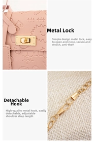 Detail view of pink embossed leather bag showing golden metal lock and chain hook