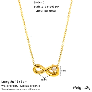 Detailed view of infinity pendant necklace in 18K gold plated steel with dimensions