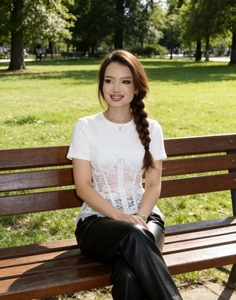 Close-up of white short-sleeve T-shirt with intricate lace patchwork waist detail