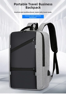 Detailed view of business backpack featuring built-in USB charging port and durable fabric