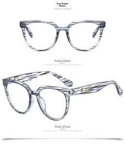 Front and side view of retro oversized glasses with grey stripe pattern and gold hinges