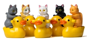 Set of five miniature cat figurines riding yellow ducks for micro landscape gardening
