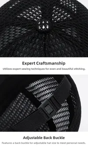 Détail de la casquette de baseball en filet avec coutures fines et boucle en plastique
