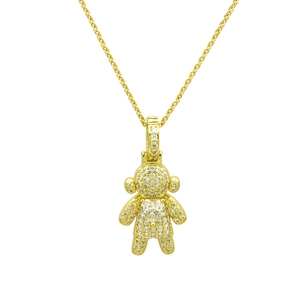 Close-up of gold-plated bear pendant necklace with micro-pave zircons and heart center