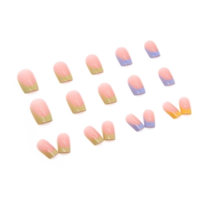 24-piece press-on nails featuring French tips in green, purple, and yellow on nude base