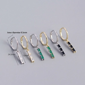 S925 silver hoop earrings with triple baguette-cut zircon pendants in various colors