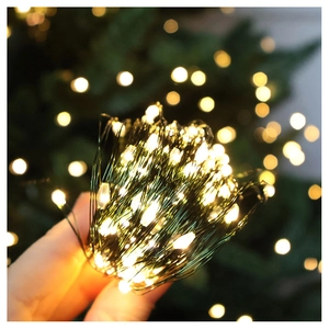 Detail shot of warm white micro LED string lights on green copper wire for holiday decor