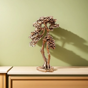 Traditional bronze pine tree statue ornament for zen home and office desk decor