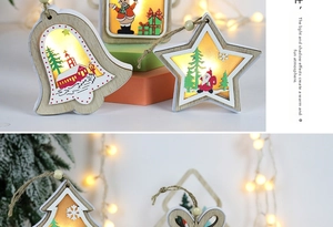 Close-up of wooden Christmas ornaments with warm LED lighting and hemp rope hangers