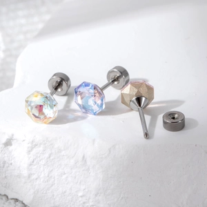Octagon cut crystal stud earrings in blue and gold on stone base 6mm stainless steel studs