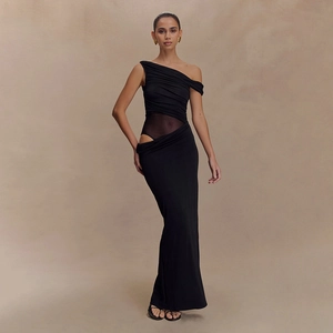Elegant one-shoulder black maxi dress with waist cutout and mesh patchwork details