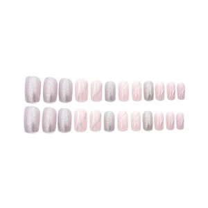 Silver glitter press-on nails with white lines and pink base for a fresh aesthetic