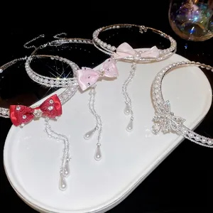 Elegant double-layer pearl choker necklaces with satin bows and sparkling tassels