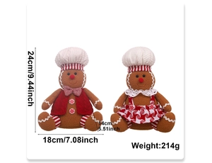 Detailed dimensions of gingerbread man plush toys with chef hats and red vests