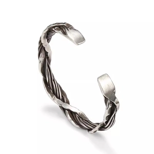 Handcrafted vintage Thai silver open bangle with woven hammered texture for men