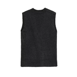 Deep grey sleeveless V-neck knit vest with ribbed hem shown in a clean flat lay back view