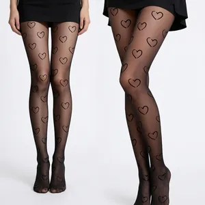 Women Black Sheer Heart Pattern Pantyhose Nylon Snag Resistant Breathable Tights Sweet Fashion Hosiery