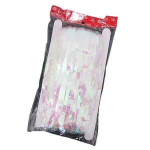 Laser pink metallic foil fringe curtain for party backdrops in clear plastic packaging