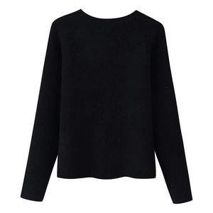 Detailed back view of basic black long-sleeved knitted sweater with round neckline