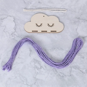 DIY cloud shape wooden wall hanging kit with purple cotton thread and eyelash design
