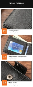 Detail of men's leather wallet featuring precise stitching and secure metal snap buckle