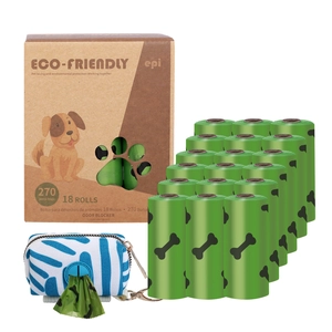Detail view of 18 rolls of lavender scented green biodegradable pet waste bags with dispenser